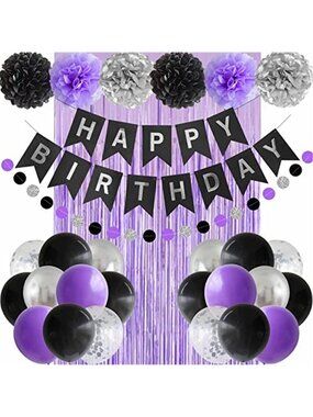 Birthday Decorations Balloons Banner Party Supplies Black Purple Silver Set